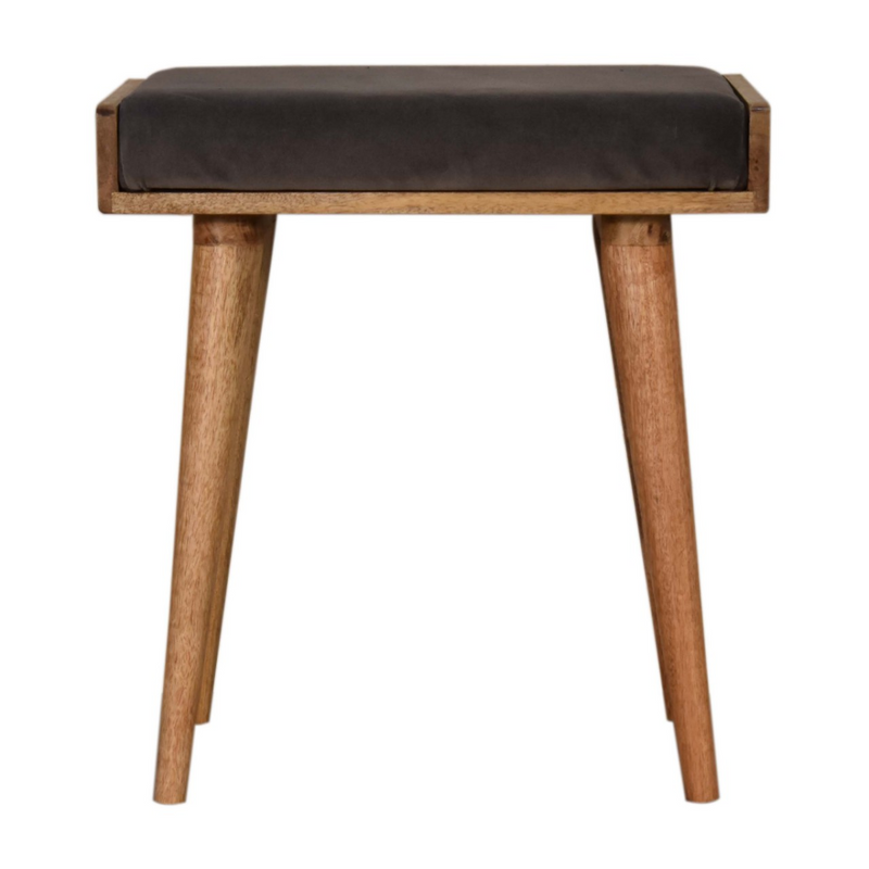 Artisan Furniture Solid Mango Wood Grey Velvet Tray Style Footstool