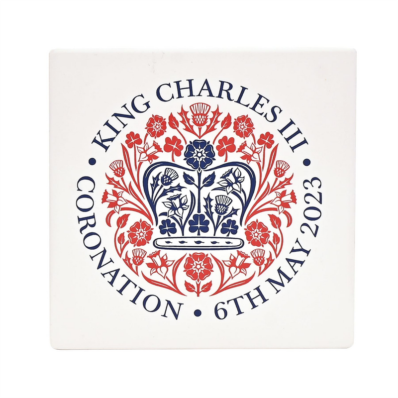 King Charles lll Square White Coaster in Ceramic & Cork Finish - Official Logo