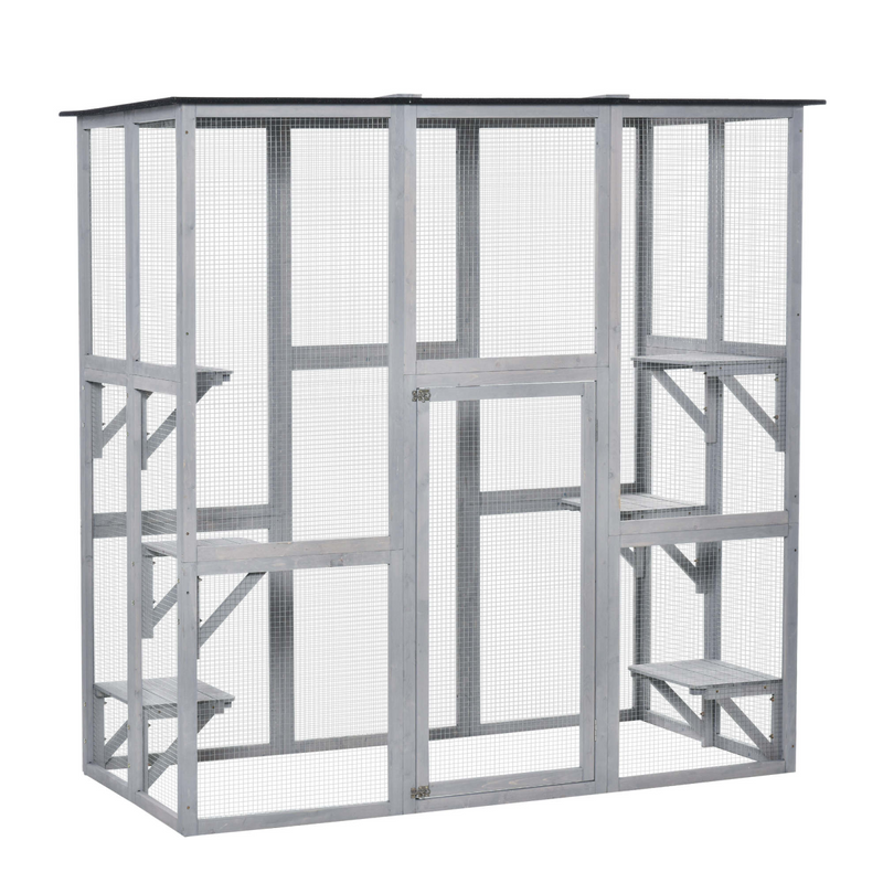PawHut Wooden Cat House with Platforms, Cat Cage for Multiple Kittens
