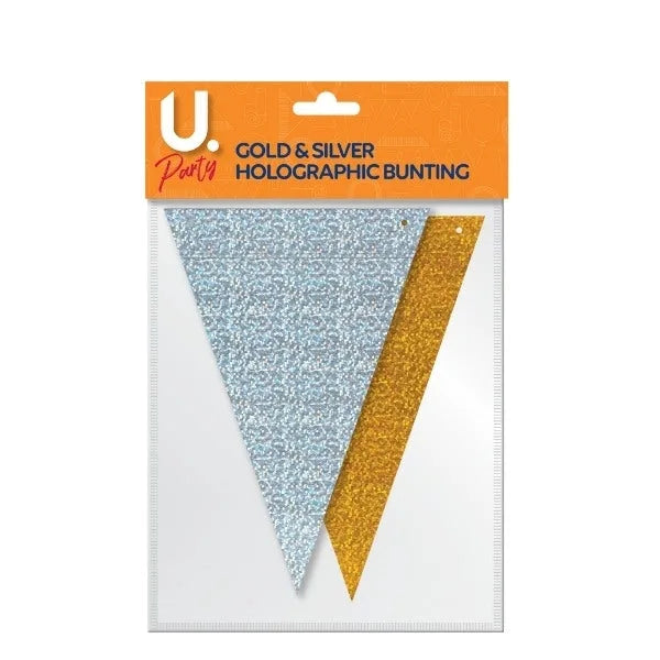 Holographic Paper Party Tri Cut Bunting Banner Garland Gold And Silver