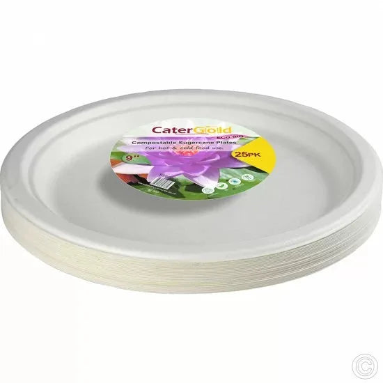 Disposable Compostable Eco – Bio Bagasse Sugarcane Plates 9" Pack Of 25