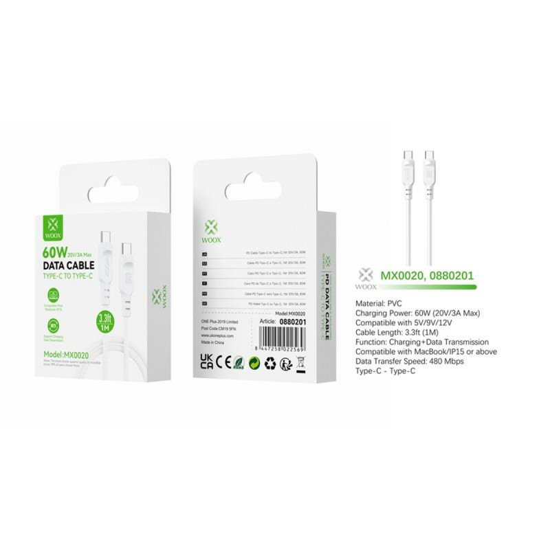 Woox MX0020 Type C to Type C PVC Data Cable, 60W, 3.3ft 1m, White