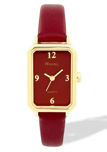 Ravel Ladies Fashion Rectangular Gilt Case Dial with Maroon Leather Strap Watch