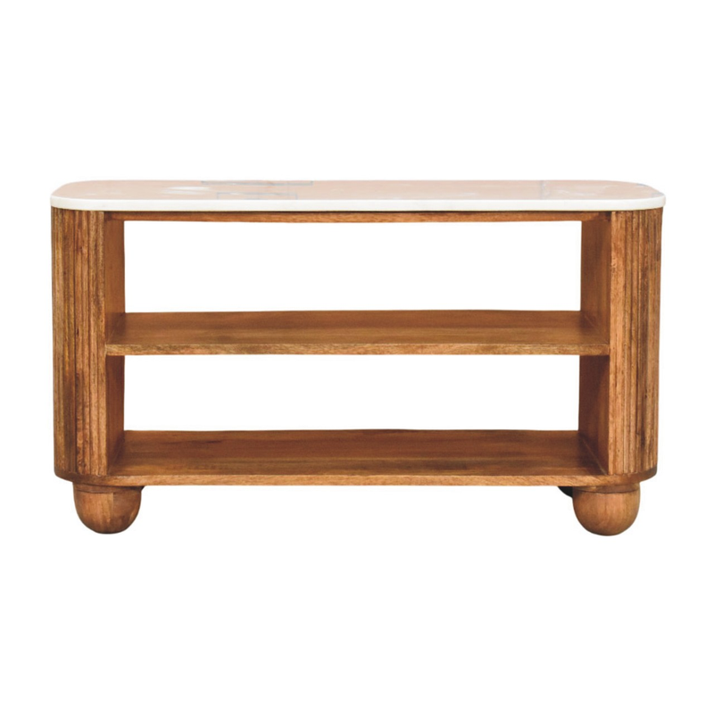 Artisan Furniture Solid Wood Beaumont Marble Shoe Bench, Top Marble, 2 Shelves, Brown & White