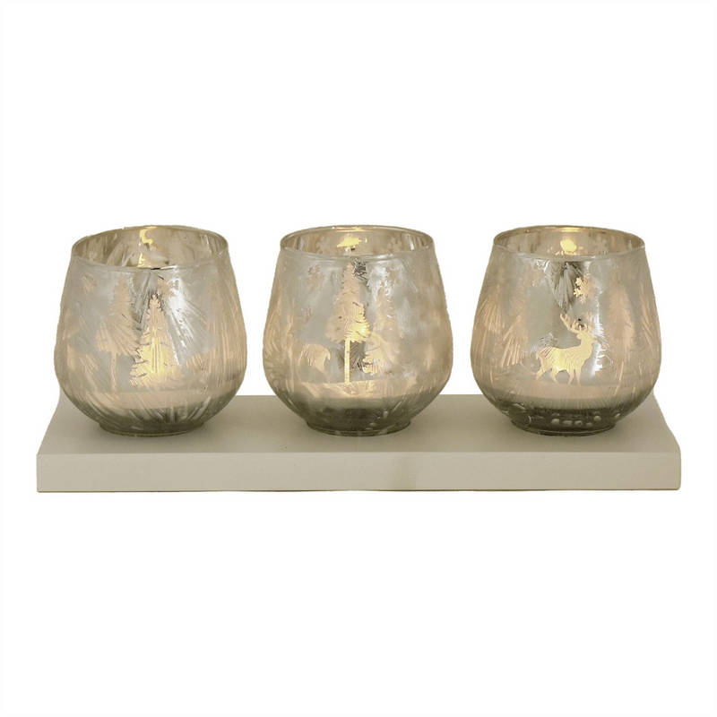 Set of 3 Frosted Haven Votives on White Wood Tray