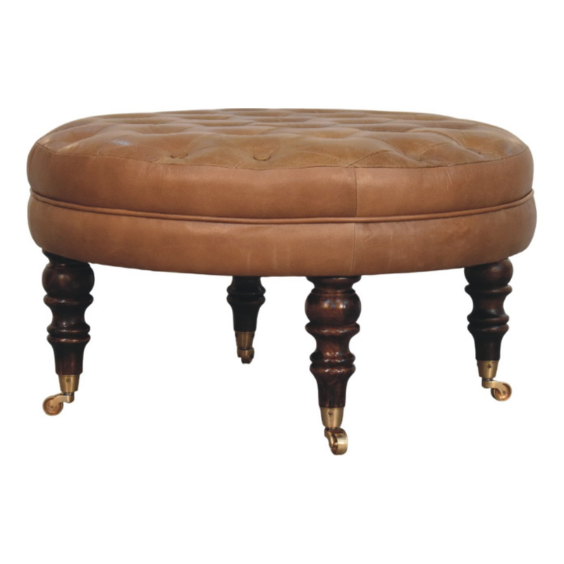 Artisan Furniture Solid Wood Brown Buffalo Leather Round Ottoman with Castor Legs, Brown