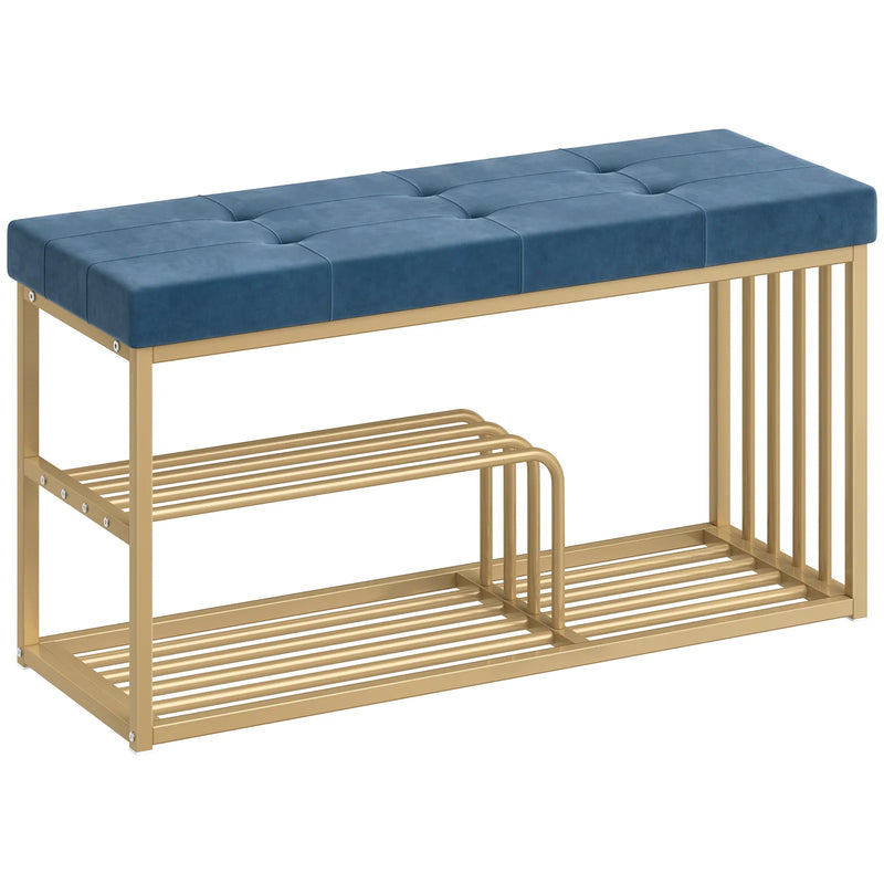 HOMCOM Bench and Shoe Storage, Tufted Shoe Storage Bench with Velvet Seat Cushion Gold Steel Frame for Entryway, Dark Blue