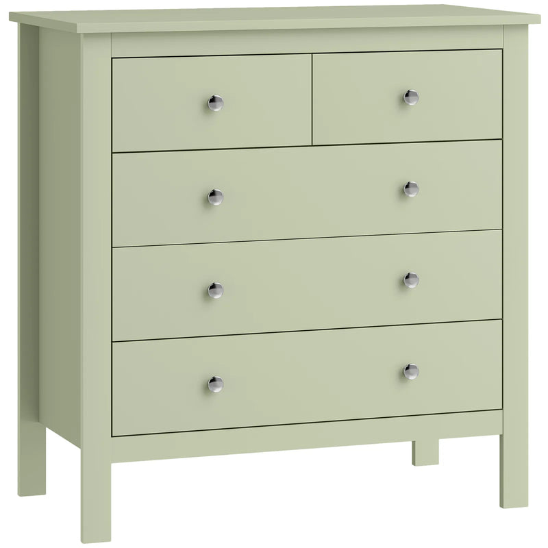 HOMCOM 5 Drawer Chest of Drawers, Modern Dresser for Bedroom, Bedside Storage Cabinet, Wide Storage Unit with Glide Runners for Living Room, Hallway, Closet, 79 x 39.5 x 80.5 cm, Sage Green