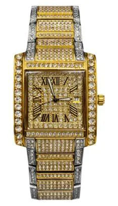 NY London Mens Fashion Bling Assorted Watch Dated Square Gold Dial 2 tone Bracelet Watch