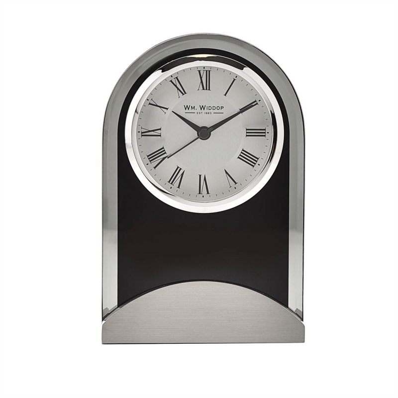 Wm.Widdop Black Glass Panel Aluminium Base Mantel Clock