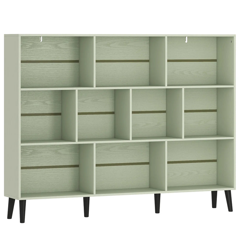 HOMCOM 10-Cube Bookcase, 3-Tier Book Shelf with Solid Wood Legs, 140 cm Modern Bookshelf with Anti-Tip Kit, Light Green