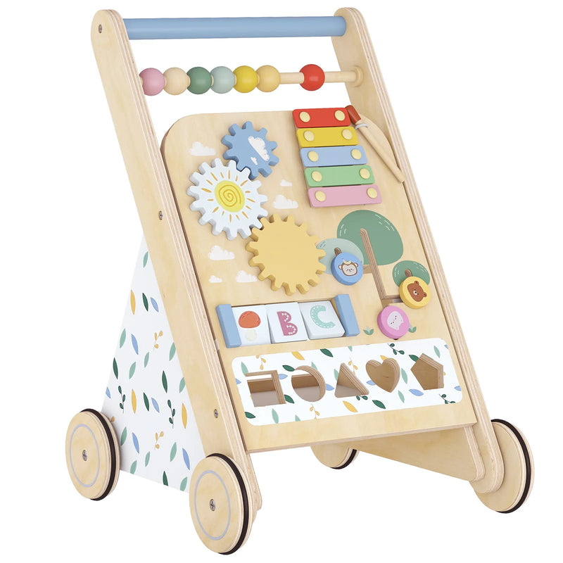 AIYAPLAY Wooden Baby Walker, Toddler Push Along Walker with Speed Control, Activity Centre and 5 Blocks for 18 Months, Natural