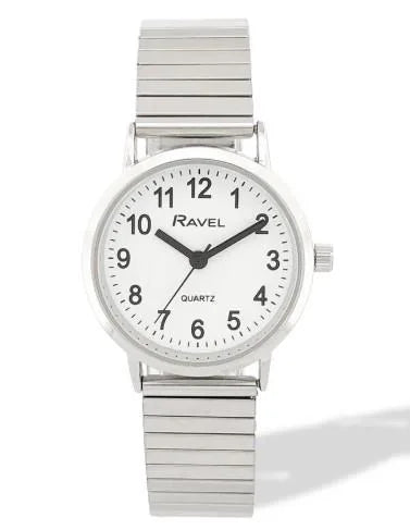 Ravel Ladies Basic Everyday White Dial Silver Stainless Steel Expander Bracelet Watch