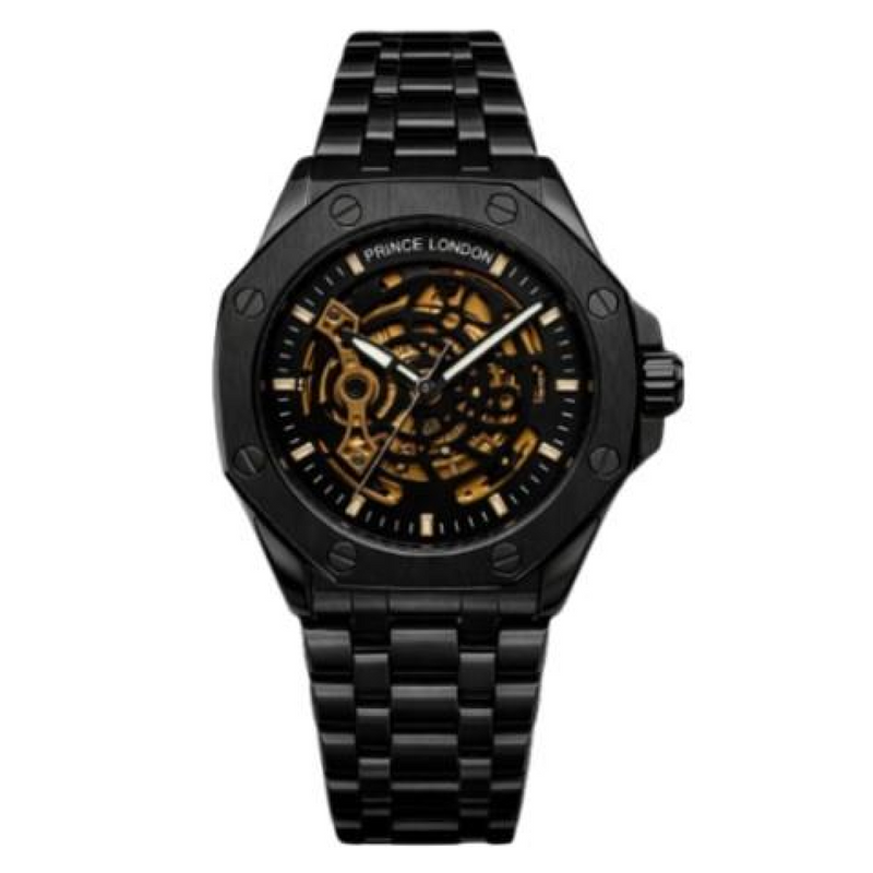 NYL Mens Automatic Metal Hollow Mechanical Dial Analogue Gun/Black Metal Bracelet Watch NY London