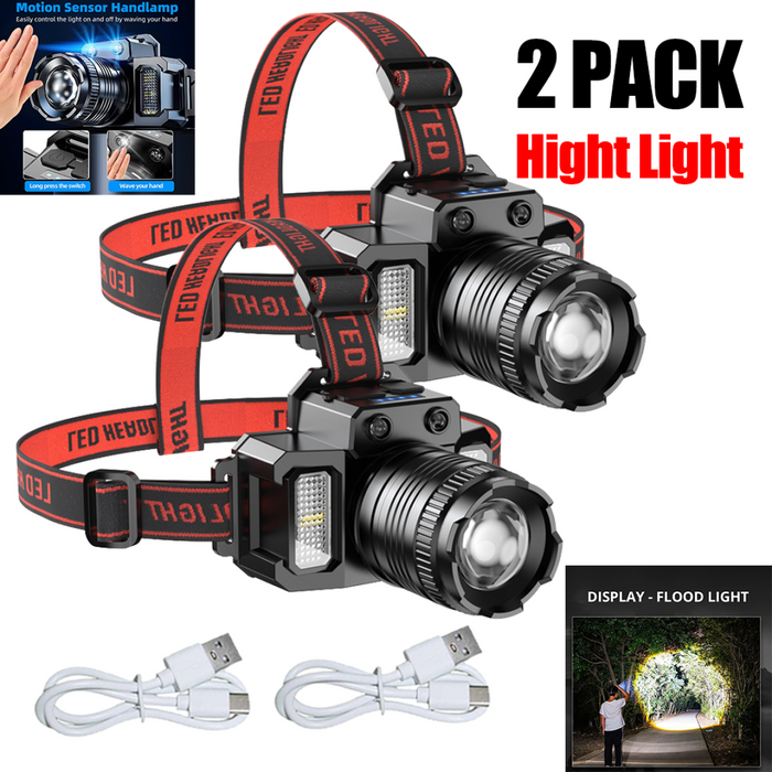 2 Pack 5-Modes LED Headlamp Motion Sensor Headlamp USB Rechargeable Canping Hiking Headlight