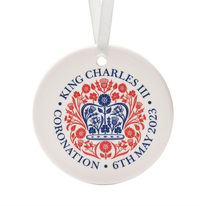 King Charles III Ceramic Round Ornament with Ribbon Made In UK - Official Logo