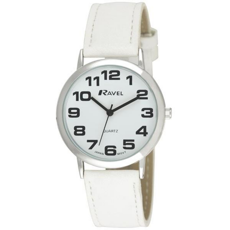 Ravel Unisex Classic Big Dial White Leather Strap Watch R0105.13.4A