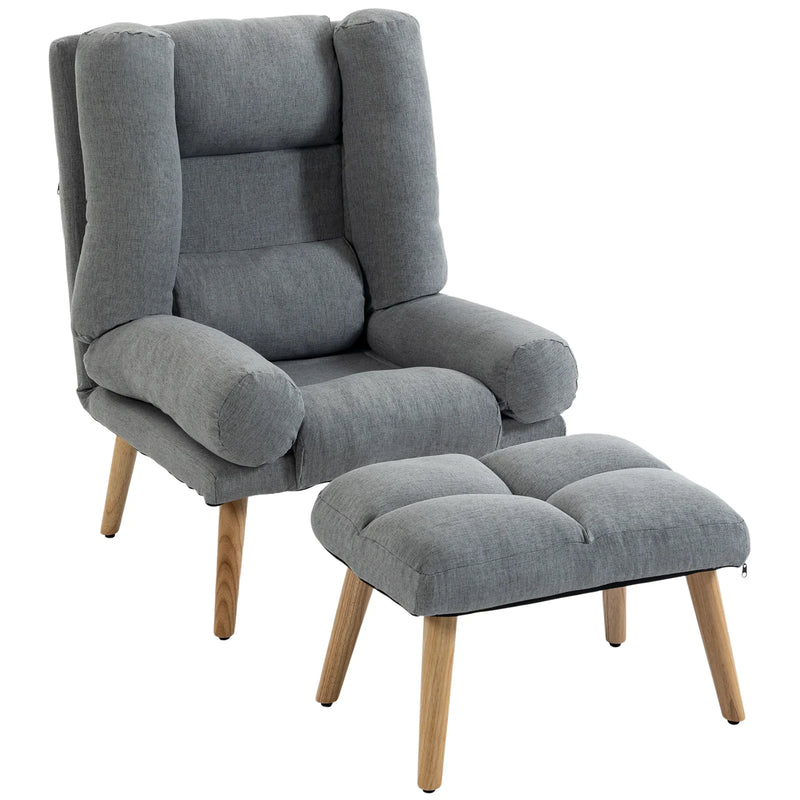 HOMCOM Recliner Chair with Footstool, Recliner Armchair with Adjustable Backrest, Thick Cushion and Wooden Legs, Grey