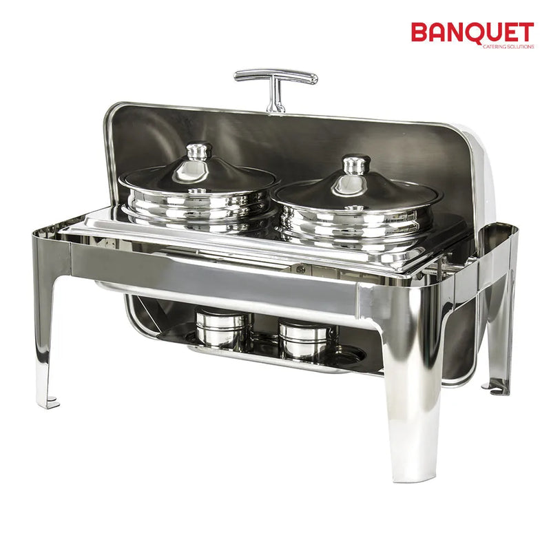 Sq Professional Banquet Chafing Dish With Roll Top And 2 Soup Stew Pots Oblong Silver.5L