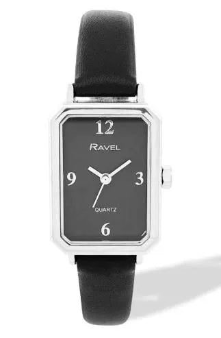 Ravel Ladies Fashion Rectangular Silver Case Dial with Black Leather Strap Watch