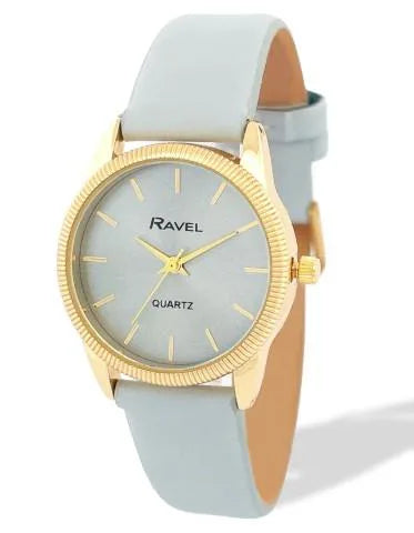 Ravel Ladies Fashion Round Golden Textured Case Dial with Grey Leather Strap Watch