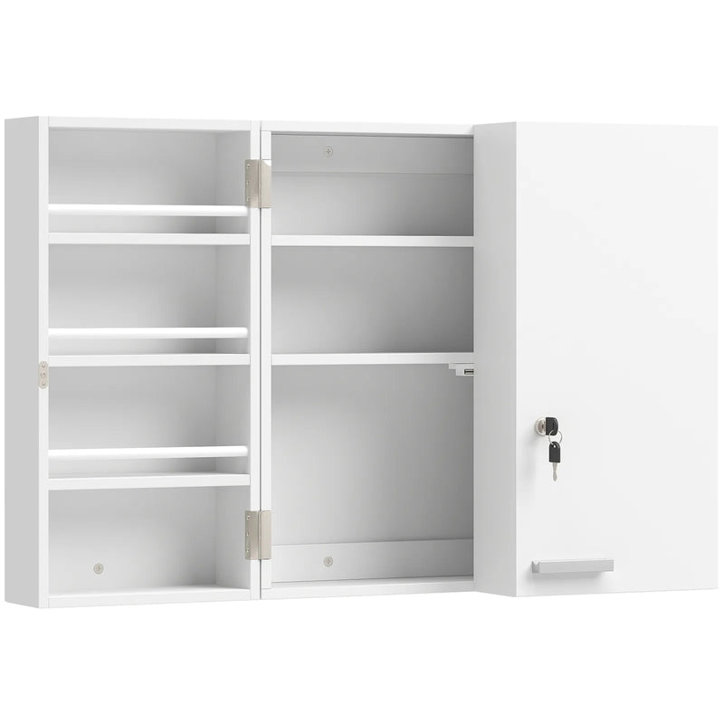HOMCOM Wall Mount Medicine Cabinet with Key Lock, 3 Tier First Aid Cabinet with 2 Doors and 11 Storage Compartments, White