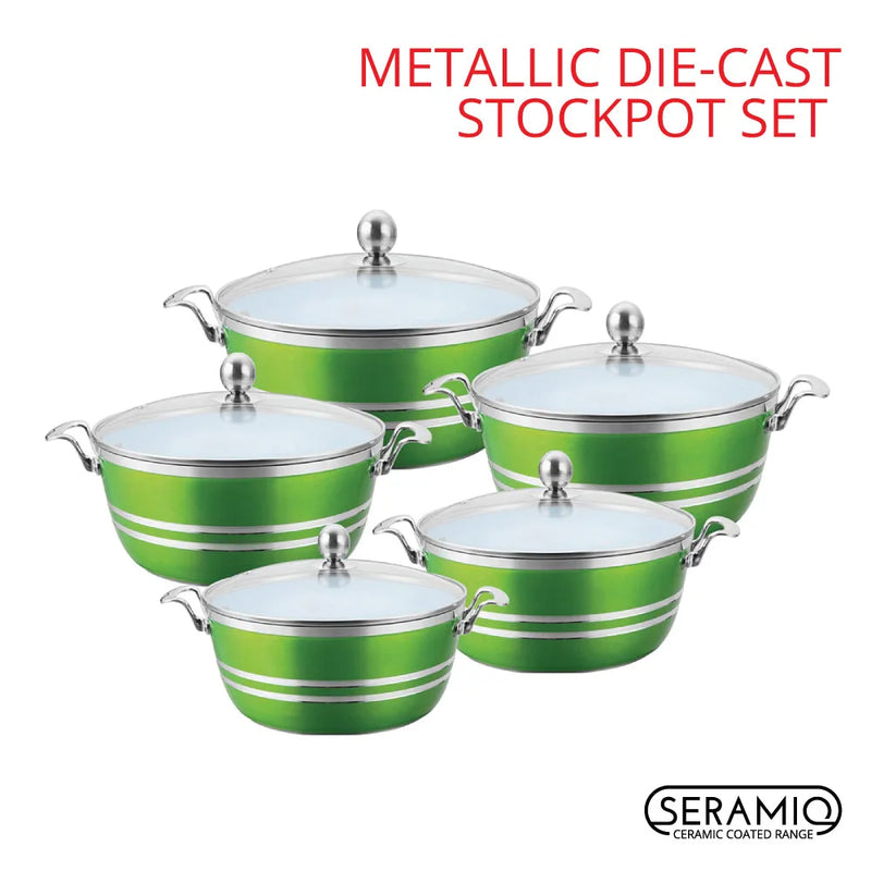 Sq Professional Metallic Die Cast Stockpot Set Of 5 Emerald