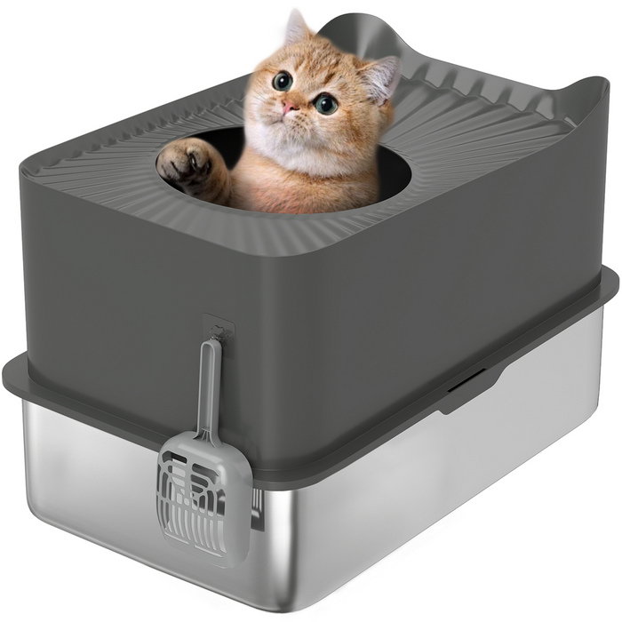 PawHut Stainless Steel Cat Litter Box, Enclosed Metal Litter Tray, Dark Grey