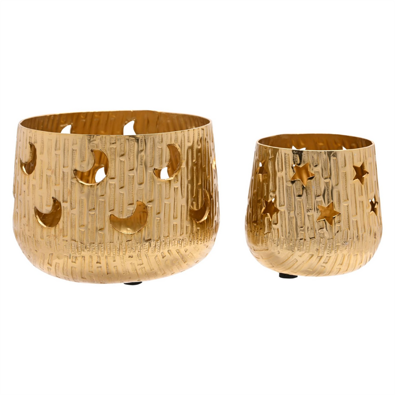 Celestial Set of 2 Gold Moon and Star Metal Votives