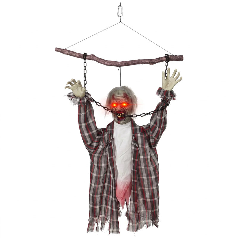HOMCOM 110cm Screaming Animated Hanging Halloween Decoration, Sound Touch Activated Zombie Decor with Glowing Red Eyes