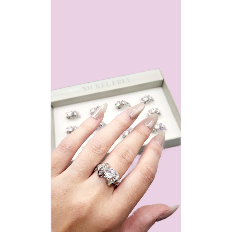 Luxe Bow Crystal Ring Silver Box set of 12