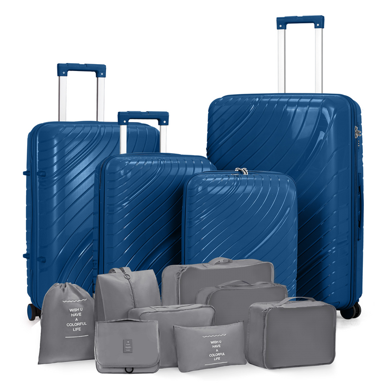4-Piece Luggage Set with 2 Handbags & 8-Piece Toiletry Kit – Durable PP Suitcase (18in/20in/24in/28in) + 30L Travel Tote + 3L Crossbody Wash Bag – Iron Telescopic Handle – Dark Blue