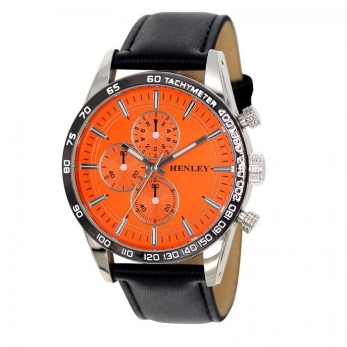 Henley Mens Polished Silver Sports Multi Eye Orange Dial Black Leather Strap Watch H03016.8