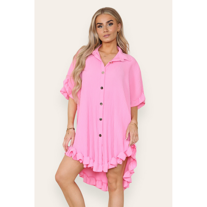 Over Sized Italian Gold Button Pleated Frill Ruffle TikTok Dress Top