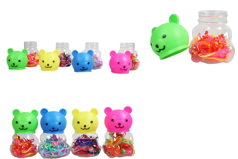 Plastic Hair Tie Bobble Elastic In Teddy Bear Shaped Bottle Assorted Colours