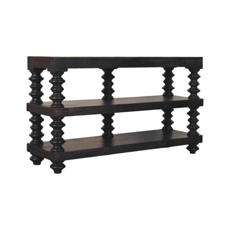 Artisan Furniture Solid Wood Spindle Shelf Console in Carbon Ash, 2 Open Slots, Dark Brown