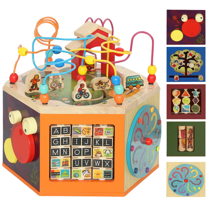 AIYAPLAY 8 in 1 Wooden Activity Cube with Bead Maze, Shape Sorter, for Kids Boys Girls 18 Months