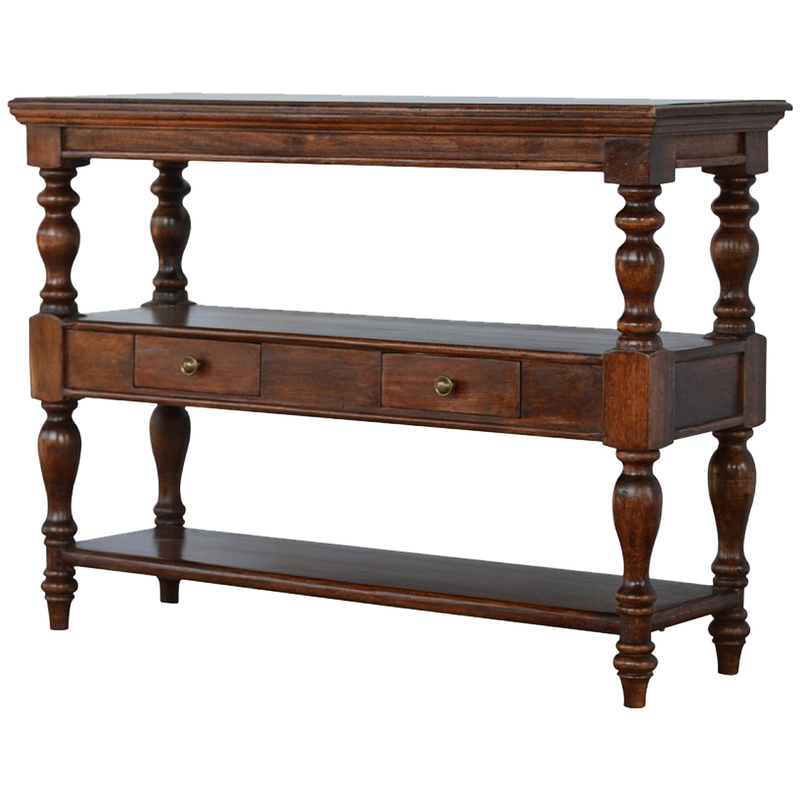 Artisan Furniture Solid Wood Turned Leg Console Table, 2 Drawers, 2 Shelves, Brown