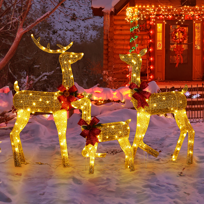 3-Piece Lighted Christmas Reindeer Family Set Outdoor Decorations, Weather Proof 2D Deer Family Set of 3 Christmas Ornament Home Decor Pre-lit 200 LED Warm White Lights with Stakes, Golden