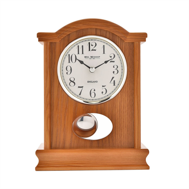 Oak Finish Wooden Mantel Clock Broken Arch Top Silver Bezel