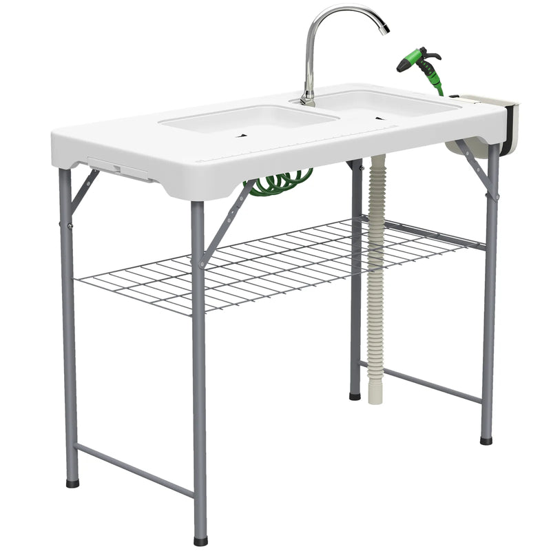 Outsunny Folding Fish Cleaning Table with Sinks, Portable Camping Sink Table with Faucet, Drainage Hose