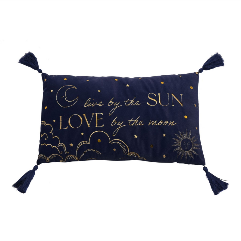Blue Velvet Rectangular Cushion 'Live By The Sun'