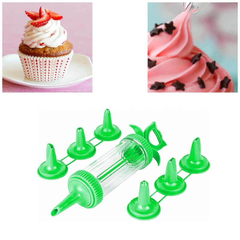 Plastic Icing Tube With 6 Nozzles Attached In Green