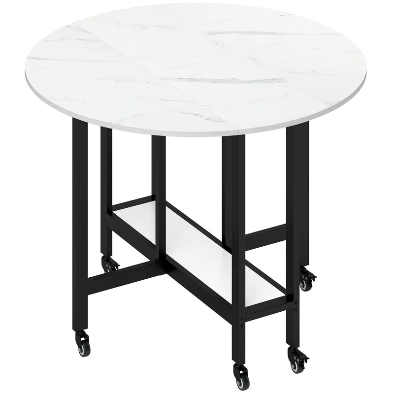 HOMCOM Folding Dining Table, Drop Leaf Table with Open Shelf, Rolling Kitchen Table for Dining Room, Small Spaces, White Marble
