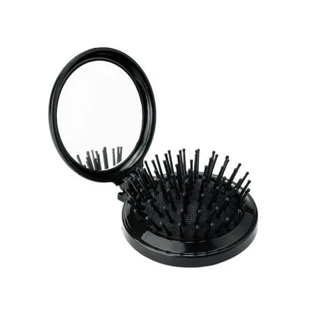 Round Travel Folding Pocket Hair Brush With Mirror Assorted Colours
