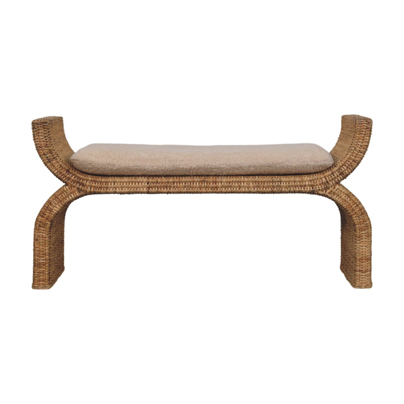 Artisan Furniture Solid Wood Rattan Weave Boucle Bench, Upholstered, Brown & Cream