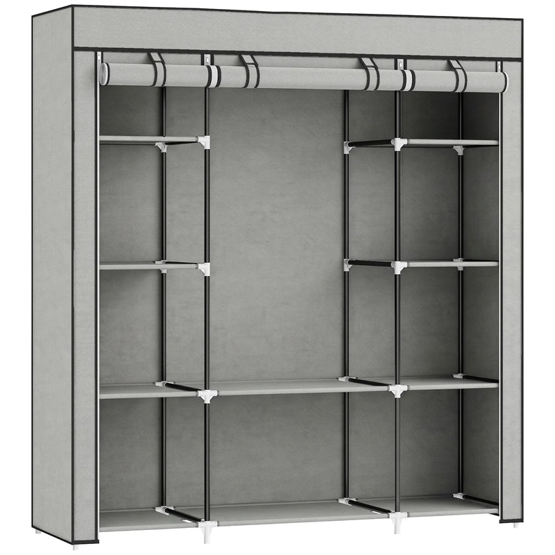 HOMCOM Clothes Storage Organiser with Hanging Rail, Shelves, Portable Wardrobe, Foldable Fabric Wardrobe, Light Grey