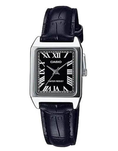 Casio Ladies Basic Water resistant Stainless Steel Rectangle Case Black Dial Black Leather Strap Watch