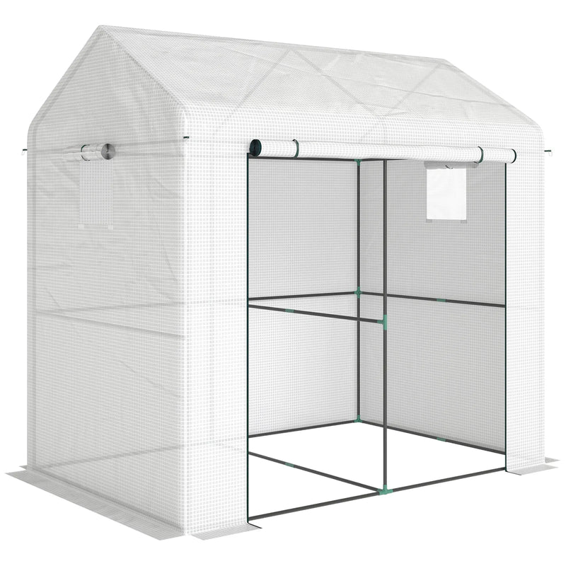 Outsunny Walk-in Greenhouse, Outdoor Tomato Greenhouse with Roll-up Door and Mesh Windows, PE Cover, 200 x 140 x 200cm, White