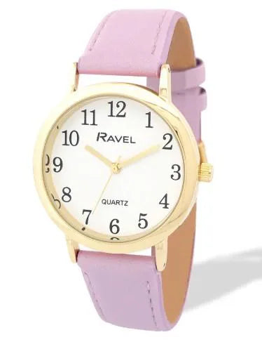 Ravel Ladies Basic Medium Gilt Case White Dial Purple Leather Strap Watch